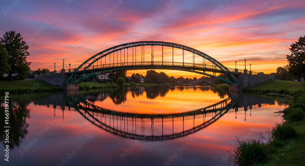 Naklejka premium Serene sunset over the river and bridge, creating a beautiful reflection in the water