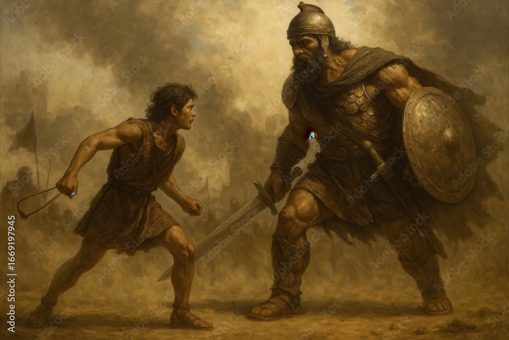 Fototapeta premium Biblical scene of David confronting Goliath epic showdown