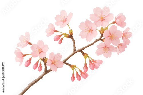 Delicate cherry blossom branch with pink sakura flowers isolated on white for spring designs