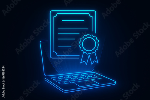 Digital certificate of achievement displayed on a glowing neon laptop screen