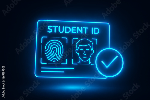 Neon blue student id card with fingerprint and face scan