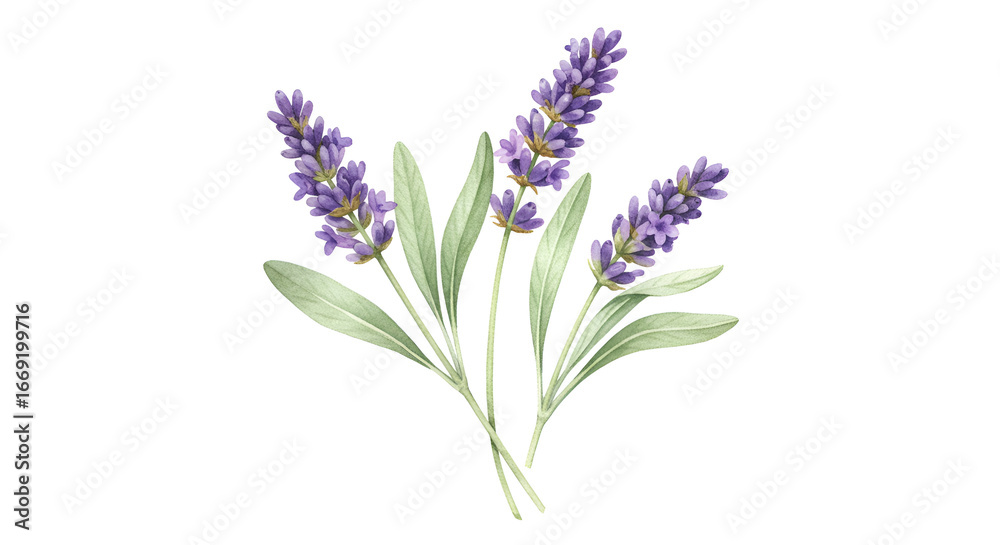 Watercolor illustration of lavender flowers with leaves on a white background