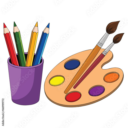 School equipment set with pencil box paintbrush palette isolated vector illustration on white background