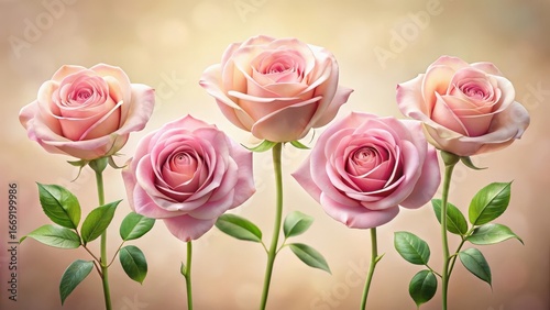 A Bouquet of Five Delicate Pink Roses with Lush Green Foliage on a Soft Beige Background