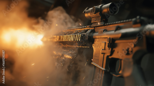 Powerful automatic rifle weapon discharging during tactical gunfight scenario close up
