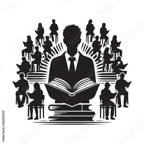 students with books silhouette clip art logo design concept illustration 