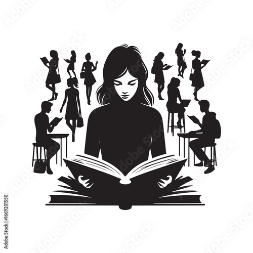 students with books silhouette clip art logo design concept illustration 
