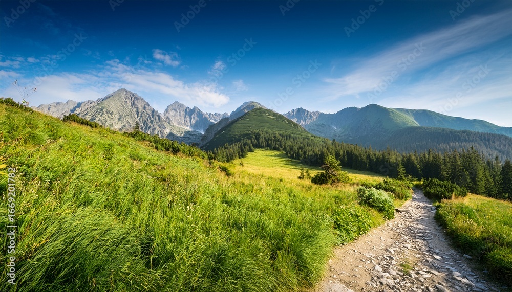Fototapeta premium a scenic trail through green valleys with tatra mountains in background