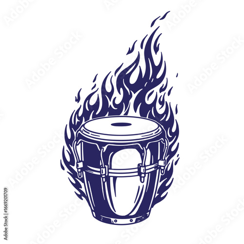A striking illustration of a blue conga drum enveloped in fiery flames against white