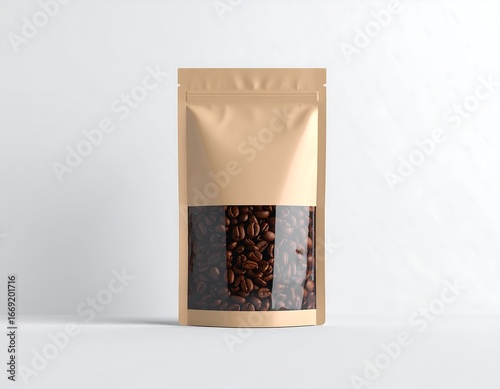 Coffee Beans in Stand-Up Pouch, White Background