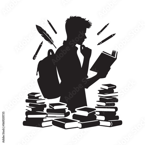 students with books silhouette clip art logo design concept illustration 