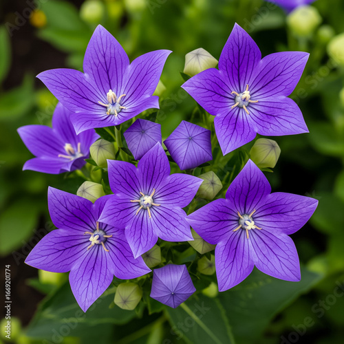 Purple balloon flowers with unopened buds blooming in a garden.