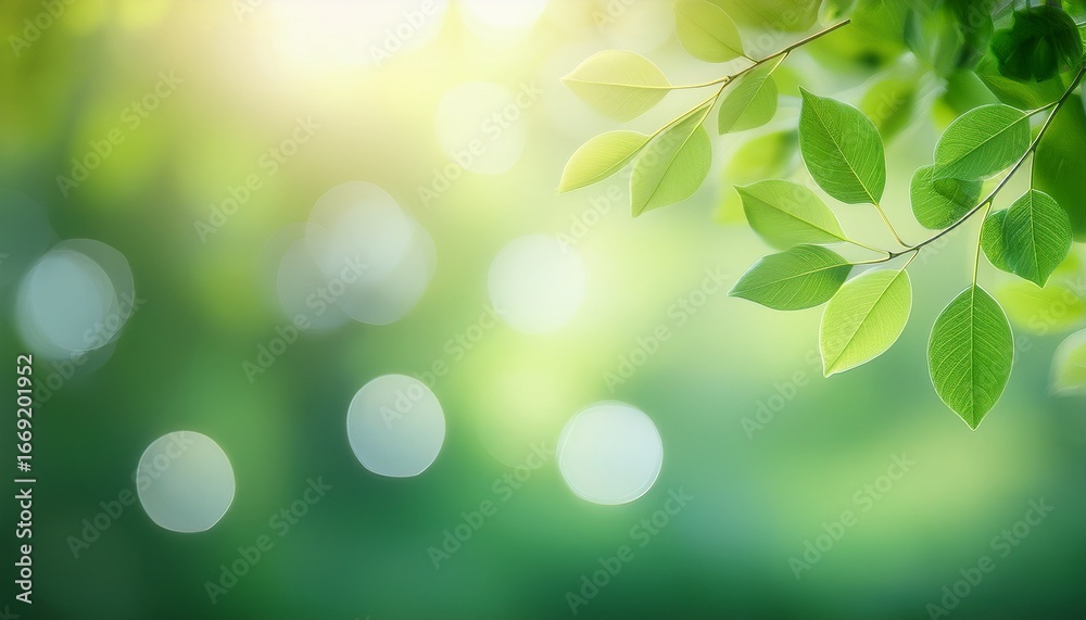 Fototapeta premium soft green blur of nature with light ethereal bokeh effect leafy branches in the upper left creating a calming background atmosphere