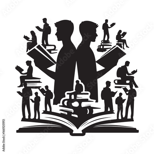 students with books silhouette clip art logo design concept illustration 