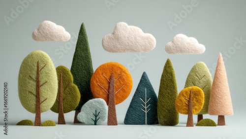 Stylized, colorful felt trees and clouds adorn a simple, bright pastel gray background