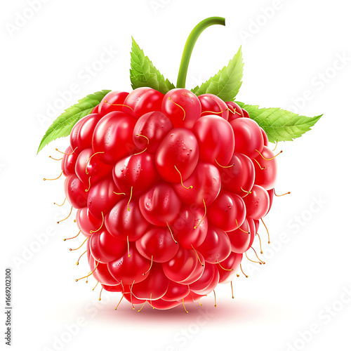Fresh Raspberry with Green Leaves Isolated on White Background