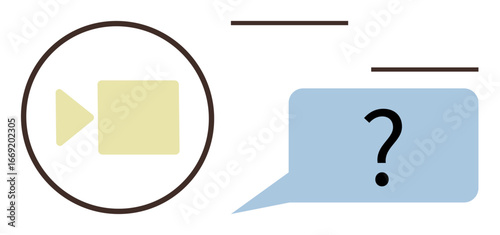 Camera icon and speech bubble with question mark represent digital interaction, video calls, and communication. Ideal for technology, messaging, support, problem-solving, inquiry, education simple