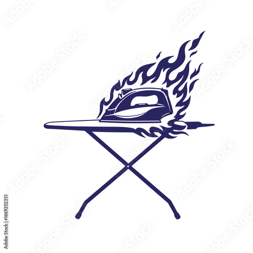 A stylized illustration of a burning iron on an ironing board with flames erupting