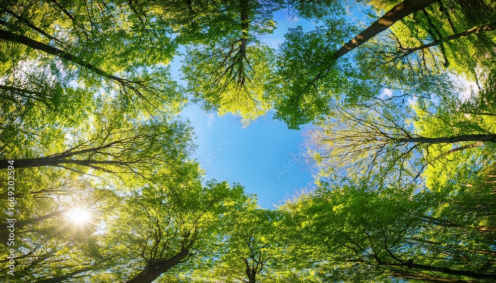 Obraz premium forest canopy blue sky sunlit trees