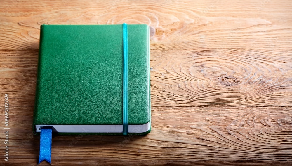 Fototapeta premium green notebook with blue bookmark on wooden surface