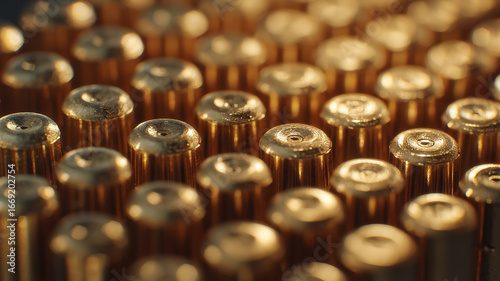 Golden Brass Bullet Shells Ammo Background for Military Concept Closeup