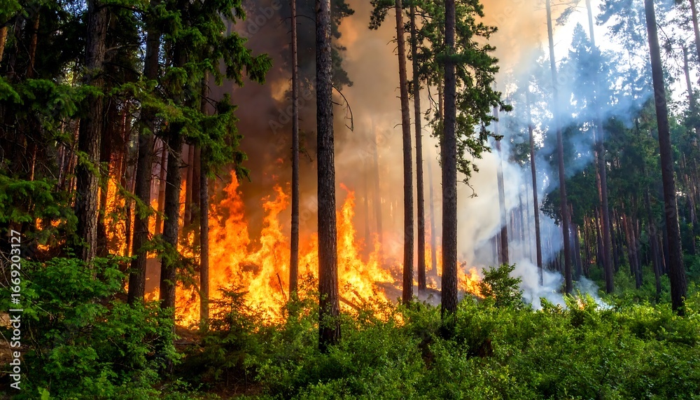 Obraz premium Wildfire raging through pine forest.