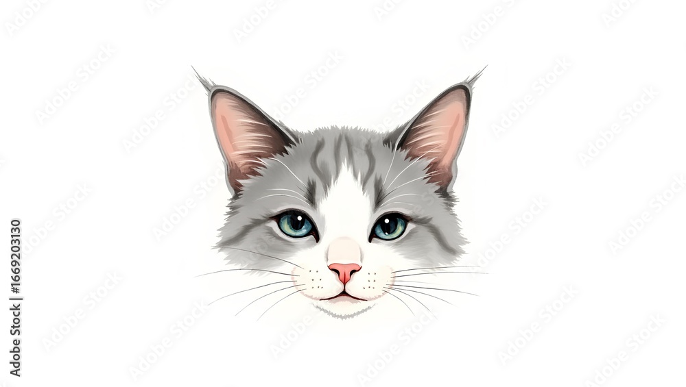 Fototapeta premium Watercolor artwork of a soft grey and white cat face with delicate fur detail and minimal expression.