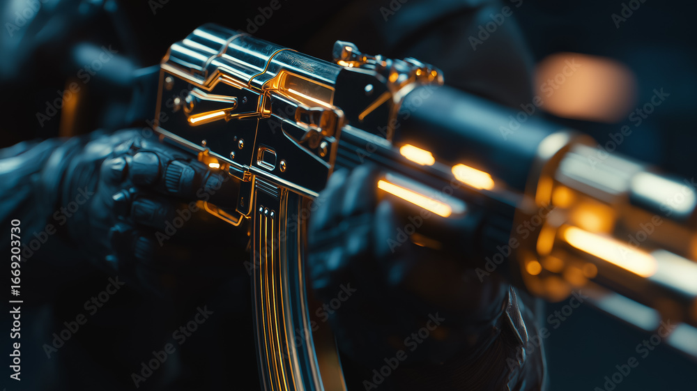Obraz premium Golden AK47 Assault Rifle Futuristic Weapon Concept Metal Detail Gun