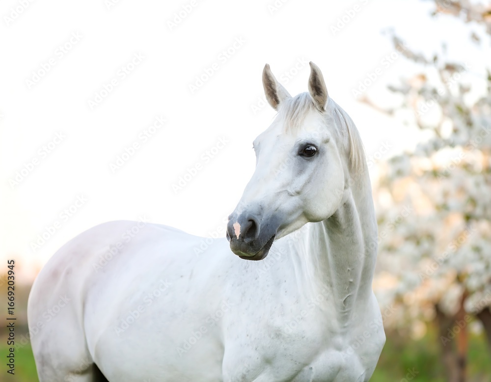 Obraz premium A white horse stands calmly in a blossoming orchard, its coat gleaming softly