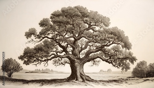 intricately detailed oak tree engraving on light background