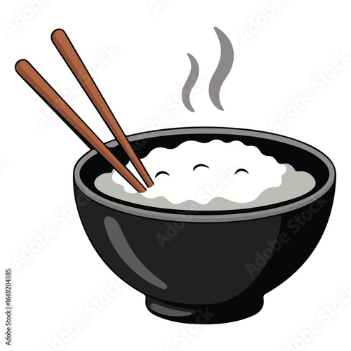Rice bowl set with chopsticks and spoon cartoon food isolated vector illustration on white background