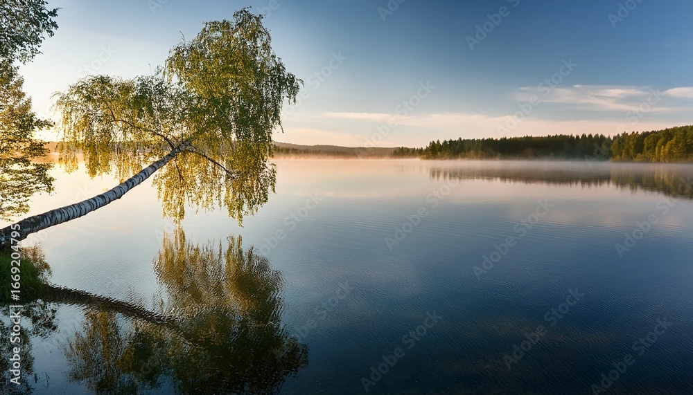 Obraz premium leaning birch tree over calm lake water