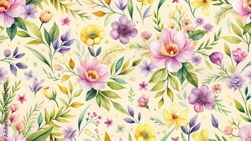Vibrant Watercolor Floral Pattern Featuring Delicate Blooms and Lush Greenery, Ideal for Textile Design and Springtime Projects