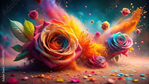 Vibrant Rainbow Roses Exploding in a Colorful Powder Cloud, a Stunning Floral Fantasy Scene