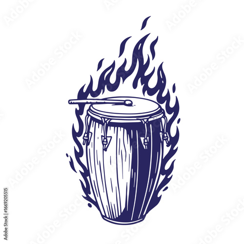 Blue conga drum surrounded by stylized flames depicting percussion and musical passion