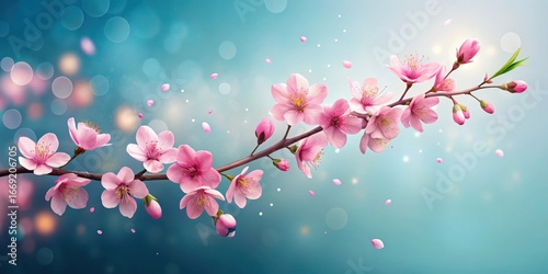 Delicate Pink Blossoms Dancing on a Gentle Breeze, Petals Falling Gracefully Against a Soft Blue Backdrop