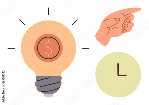 Lightbulb with dollar sign, pointing hand, and circular clock in minimal style. Ideal for innovation, time efficiency, decision-making, financial planning, business strategy, productivity simple