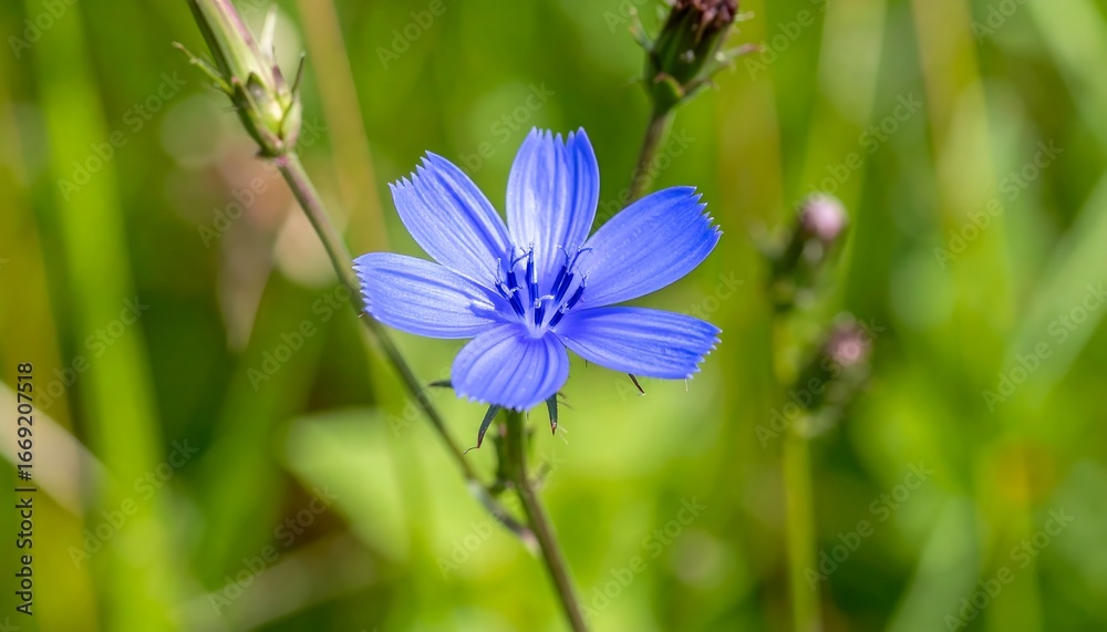 Fototapeta premium A vibrant blue wildflower blossoms amidst a blurred green field