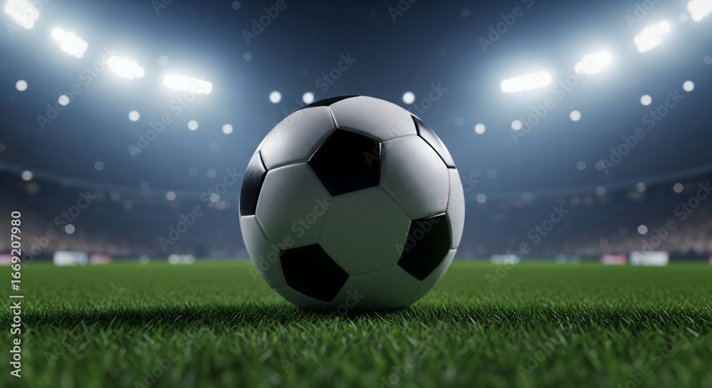 Naklejka premium Soccer Ball on Green Grass Under Stadium Lights