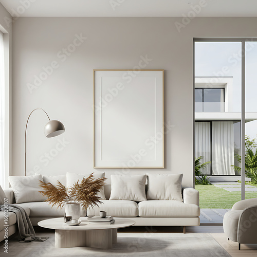 Empty poster frame in a bright, high-end living room of a contemporary home. A perfect template to showcase artwork for luxury real estate.

