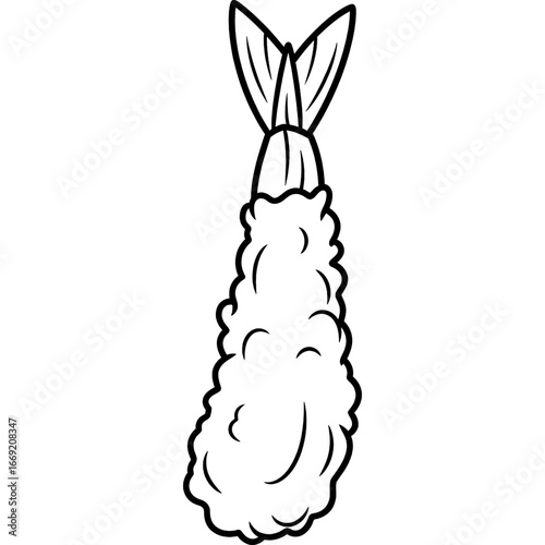 Black and white line art illustration of a single crispy tempura shrimp, a classic Japanese seafood dish