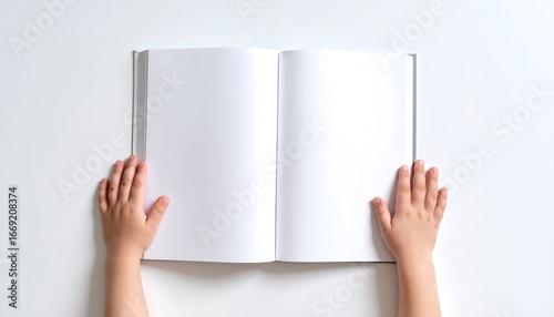Childs hands holding blank book.