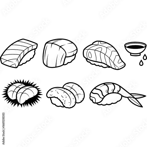 A diverse collection of Japanese nigiri sushi and sashimi presented as a black and white vector illustration set