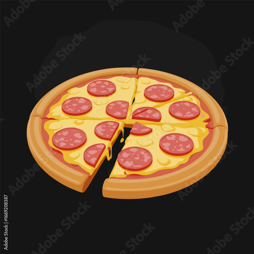 Pepperoni pizza ads with delicious ingredients on chalkboard background in 3d illustration