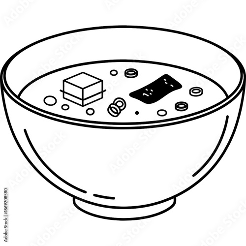 Simple line drawing of a bowl of soup with ingredients
