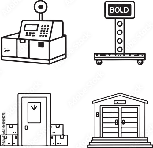 Weighing Scale, Warehouse Elevator, and Storage Building Line Icons – Logistics and Shipping Vector Set