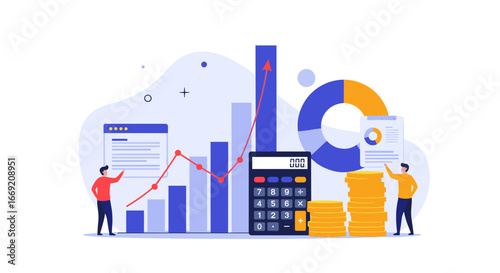 Financial growth visualized with charts, calculator, and coins, perfect for business success