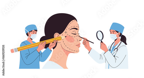 Cosmetic surgeons planning and marking a patient's face for a modern plastic surgery procedure