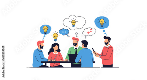 Team brainstorming session with lightbulb ideas, innovation, and modern business strategy