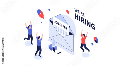 Excited team celebrates receiving job offers in a modern, vibrant hiring campaign illustration